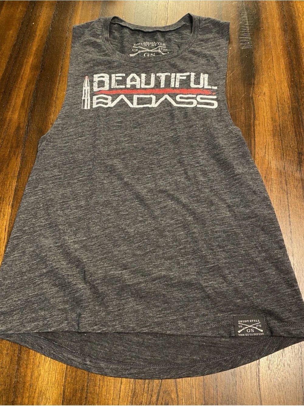 Grunt Style Women’s Gray TShirt Sleeveless “Beautiful Bad Ass” Small - Picture 3 of 4